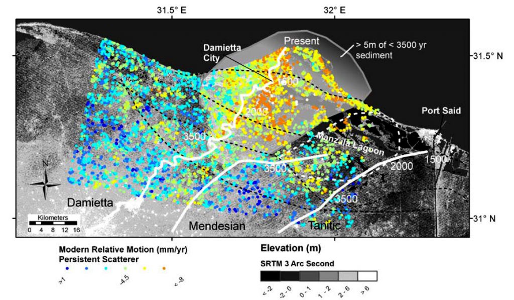 Mean velocities extracted from 14 ascending ERS-l and ERS-2-scenes acquired over the period 1992–1999 and expressed as vertical motion of permanent scatterers. 